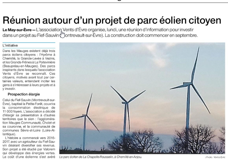 Ouest  France du 26/01/24 : Près de Cholet, réunion autour d’un projet de parc éolien citoyen